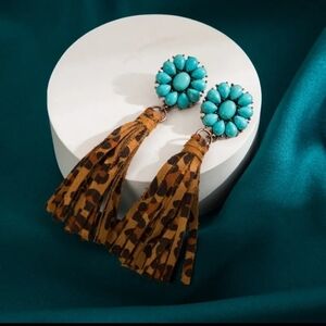 Turquoise Flower & Brown Leopard Tassel Drop Earrings